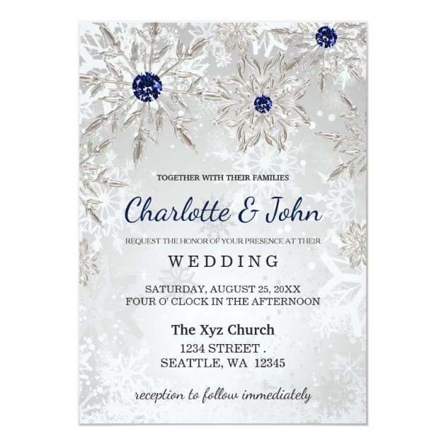 Silver Navy Snowflakes Winter Wedding Invitation