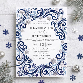 Silver Navy Snowflakes Winter Wedding Invitation