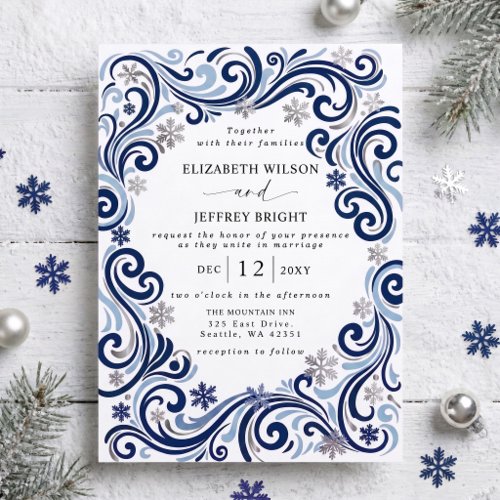 Silver Navy Snowflakes Winter Wedding Invitation