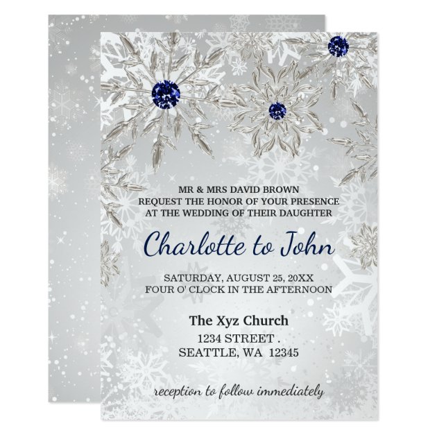 Silver Navy Snowflakes Winter Wedding Invitation