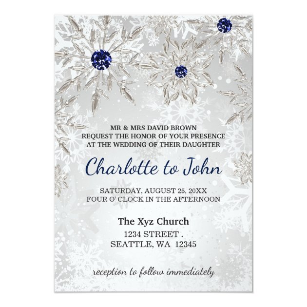 Silver Navy Snowflakes Winter Wedding Invitation