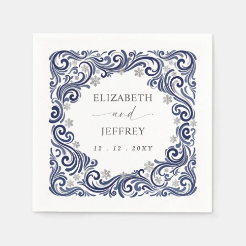 Silver Navy Snowflakes Winter Wedding Napkins