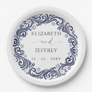 Silver Navy Snowflakes Winter Wedding Paper Plates