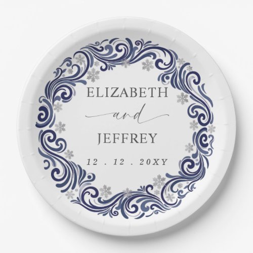 Silver Navy Snowflakes Winter Wedding Paper Plates