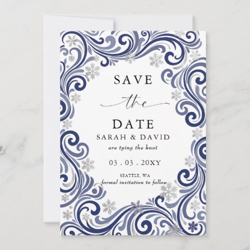 Silver Navy Snowflakes Winter Wedding Photo  Save The Date