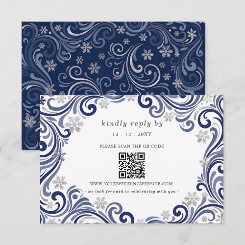Silver Navy Snowflakes Winter Wedding QR Code RSVP Card