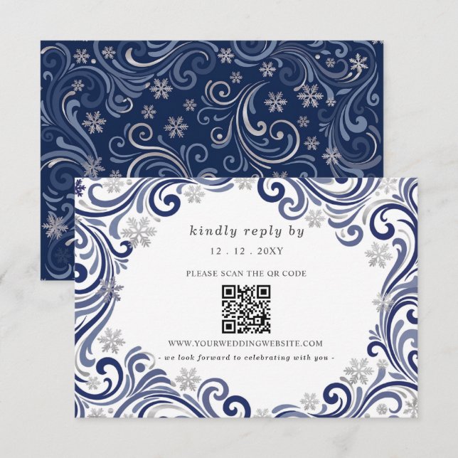 Silver Navy Snowflakes Winter Wedding QR Code RSVP Card (Front/Back)