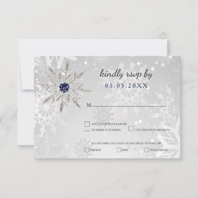silver navy snowflakes winter wedding rsvp (Front)