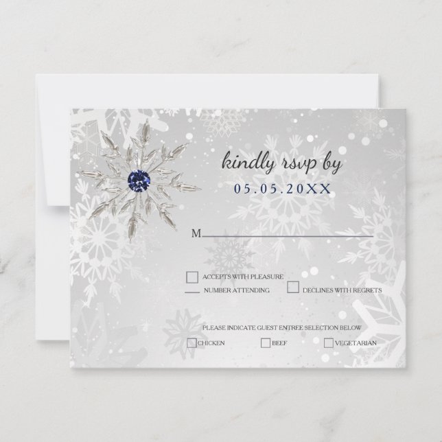 silver navy snowflakes winter wedding rsvp (Front)