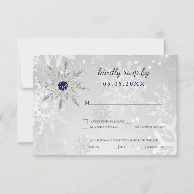 silver navy snowflakes winter wedding rsvp card (Front)