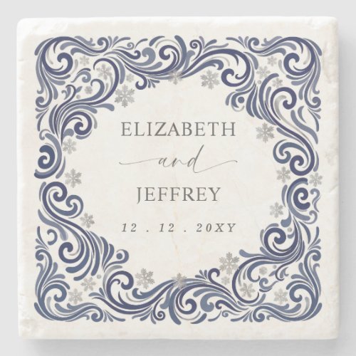 Silver Navy Snowflakes Winter Wedding Stone Coaster