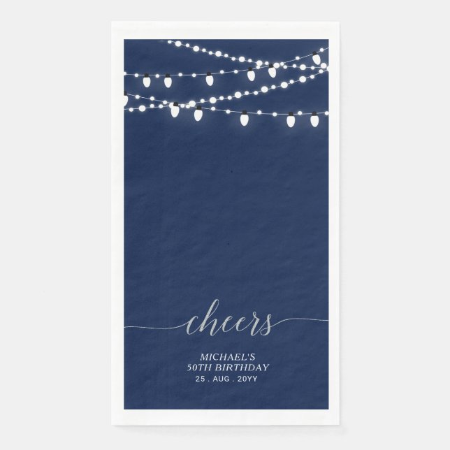 Silver Navy String Light Elegant Lettering Cheers Paper Guest Towels (Front)