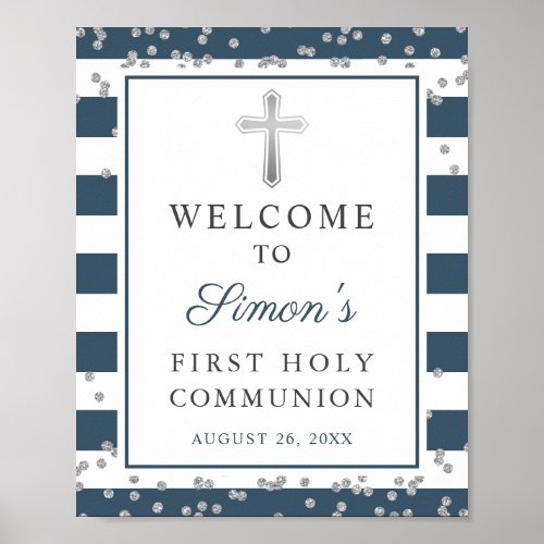 Silver Navy Stripes First Communion Welcome  Poster