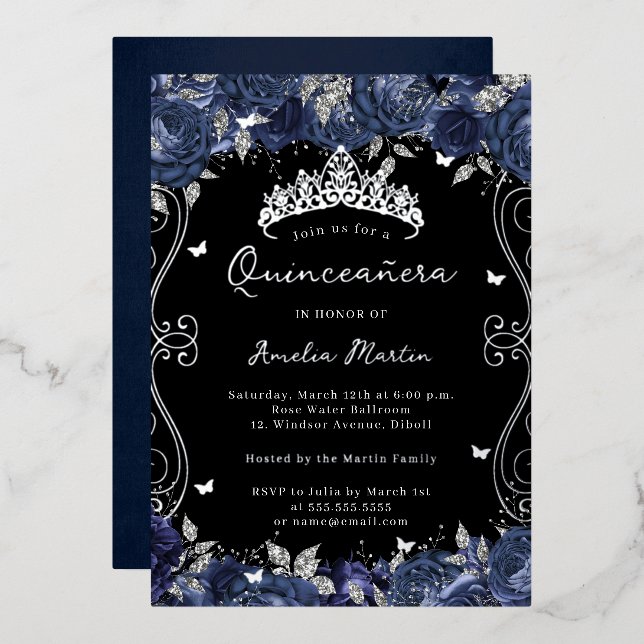 Silver Navy Swirl Scroll Floral Quinceanera  Foil Invitation (Front/Back)