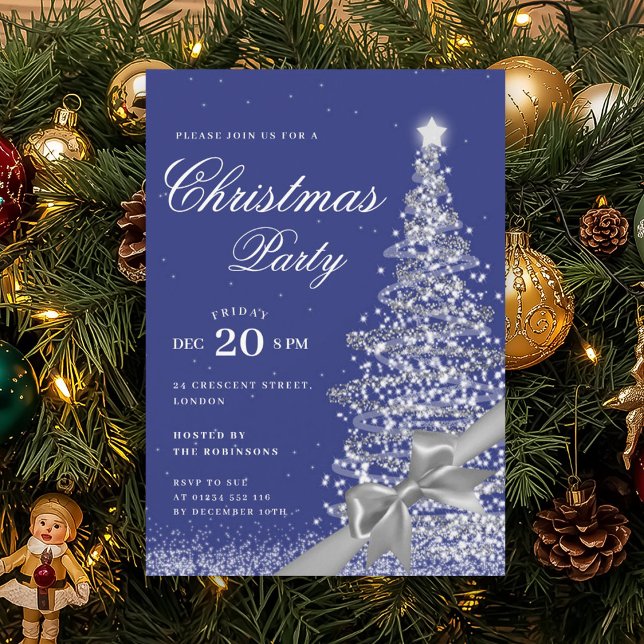Silver Navy Winter Christmas Tree Bow Holiday  Invitation (Silver Navy Winter Christmas Tree Bow Holiday Invitation)