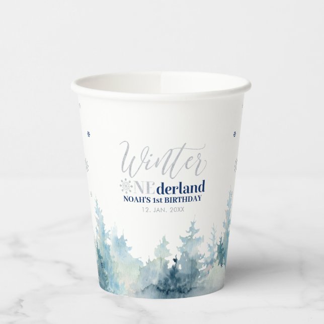 Silver &  Navy Winter Onderland 1st Birthday Party Paper Cups (Left)
