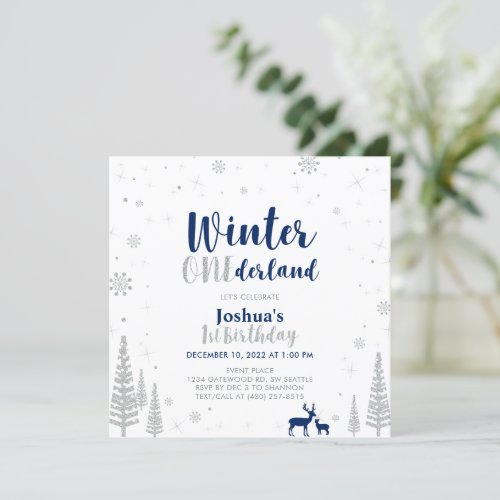 Silver  Navy Winter Onederland 1st First Birthday Invitation