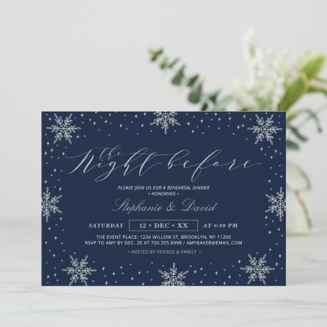 Silver & Navy Winter Snow Rehearsal Dinner Party Invitation (Standing Front)