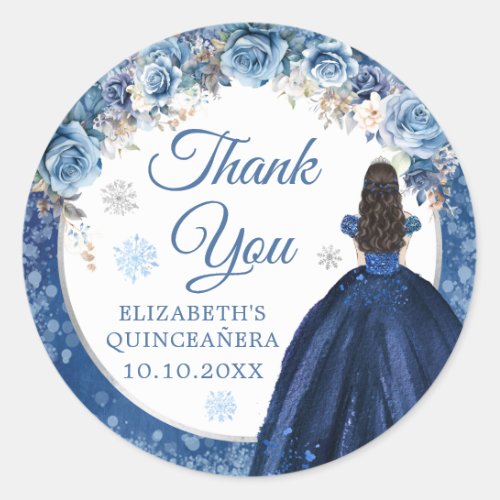 Silver Navy Winter Snowflake Mis Quince Thank You Classic Round Sticker