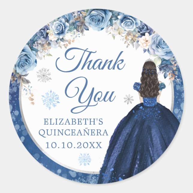 Silver Navy Winter Snowflake Mis Quince Thank You Classic Round Sticker (Front)