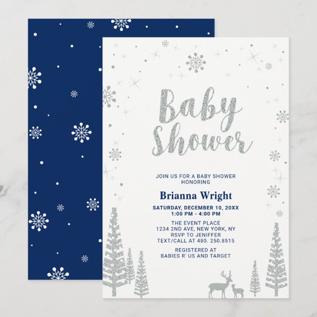 Silver & Navy Winter Wonderland Boy Baby Shower Invitation (Front/Back)