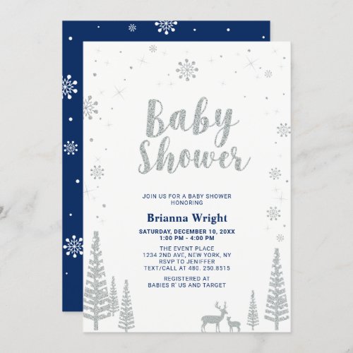 Silver  Navy Winter Wonderland Boy Baby Shower Invitation