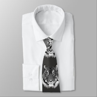 Silver Neck Tie with Black-White Tiger