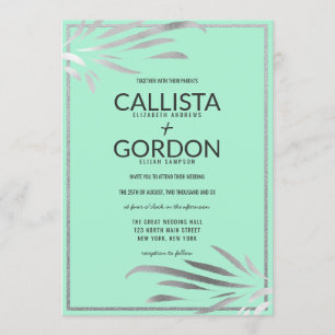 Silver Neo Mint Leaves Glitter Border Wedding Invitation