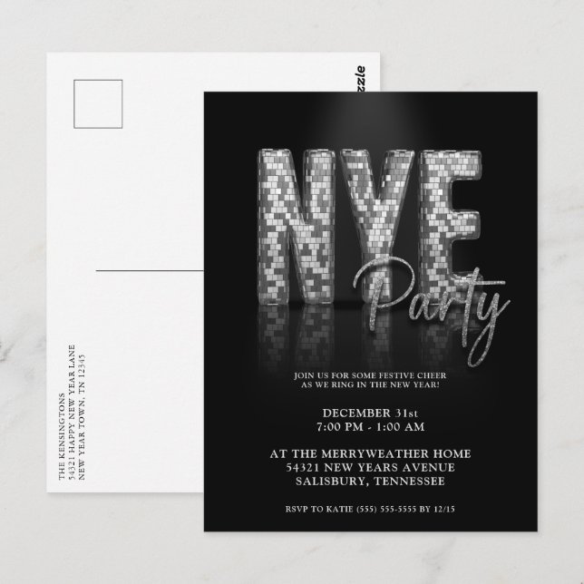 Silver New Years Eve Disco Party Invitation Postcard (Front/Back)