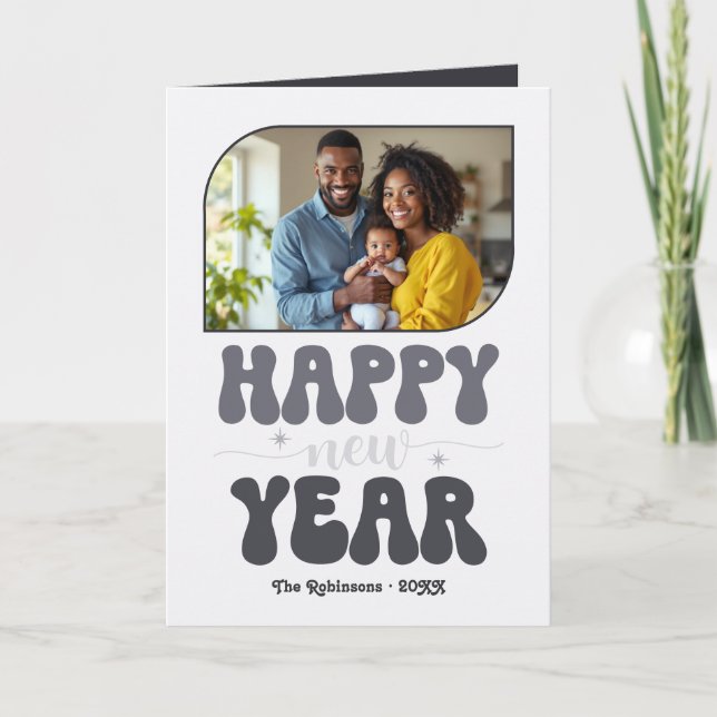 Silver Night Happy New Year Retro Groovy Photo Holiday Card (Front)