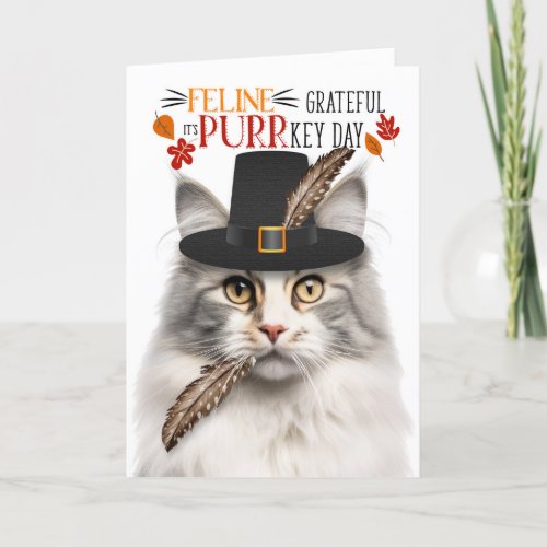 Silver Norwegian Forest Cat Grateful PURRkey Day Holiday Card