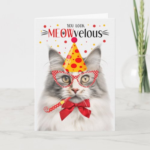 Silver Norwegian Forest Cat MEOWvelous Birthday Card