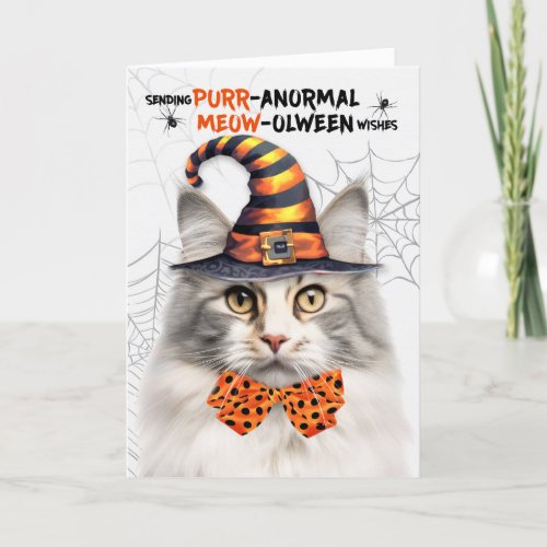 Silver Norwegian Forest PURRanormal MEOWolween Holiday Card