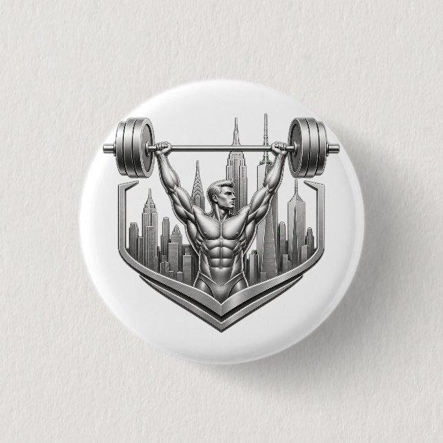 Silver NYC Bodybuilder Logo - Metallic New York Ci Button (Front)