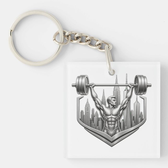 Silver NYC Bodybuilder Logo - Metallic New York Ci Keychain (Front)