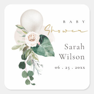 SILVER OFF WHITE BALLOON FLORAL BUNCH BABY SHOWER  SQUARE STICKER