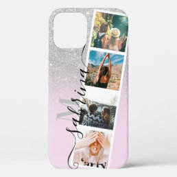 Silver ombre 4 photo grid collage name monogram iPhone 12 case