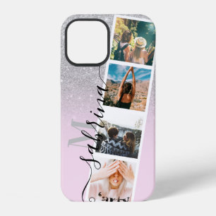 Silver ombre 4 photo grid collage name monogram iPhone 12 case