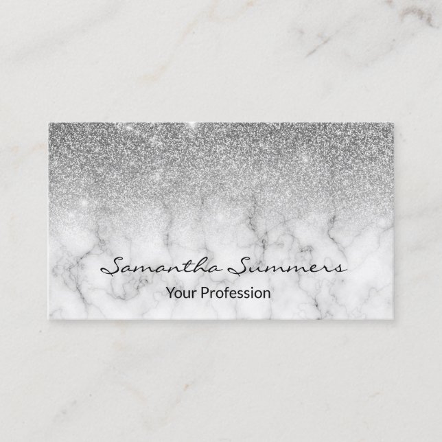 Silver Ombre Glitter Marble Customize Glitter Business Card (Front)