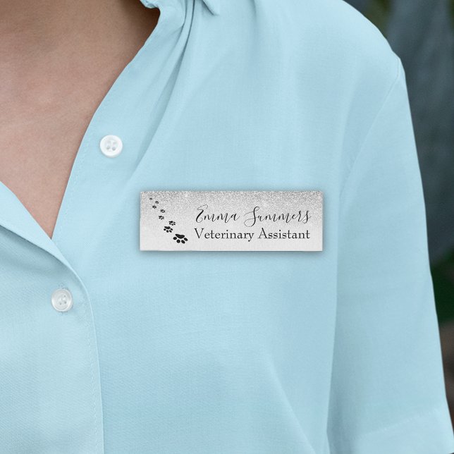 Silver Ombre Glitter Paw Veterinary Business Name Tag (Creator Uploaded)