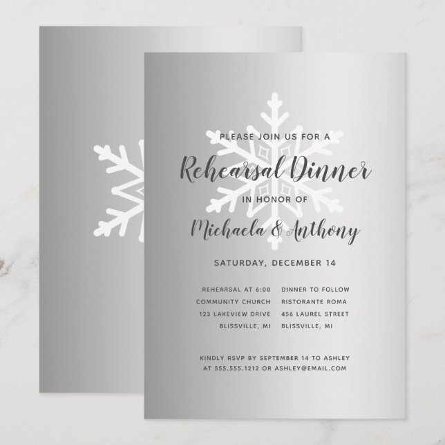 Silver Ombre Snowflake Winter Rehearsal Dinner Invitation (Front/Back)