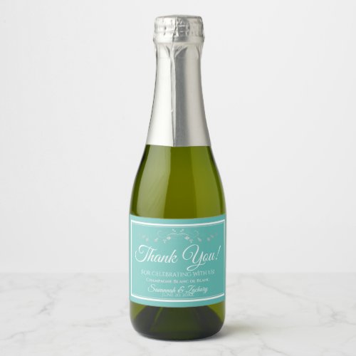 Silver on Aqua Teal Wedding Thank You Mini Bottle Sparkling Wine Label