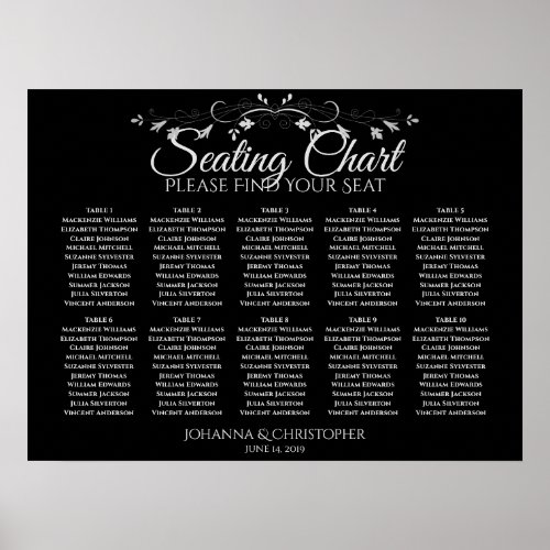 Silver on Black 10 Table Wedding Seating Chart