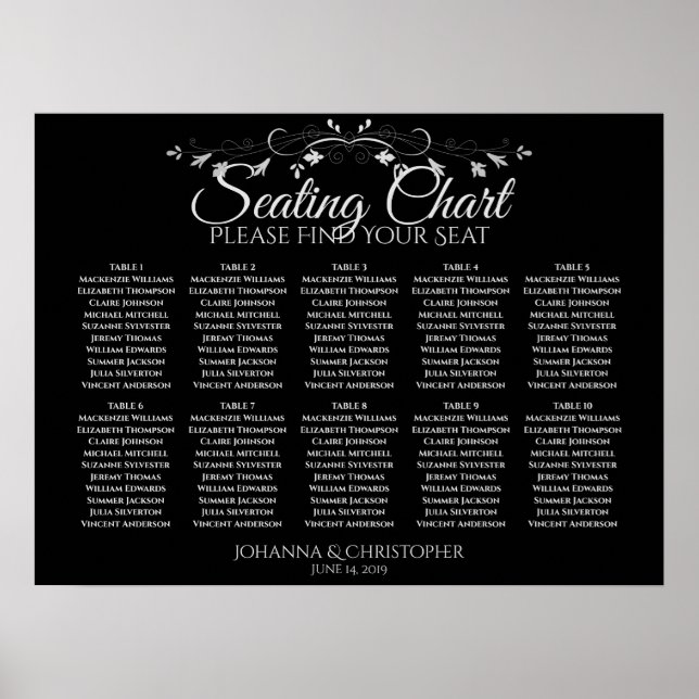 Silver on Black 10 Table Wedding Seating Chart (Front)
