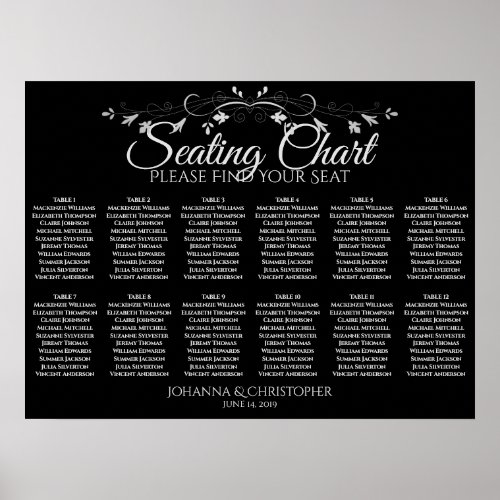Silver on Black 12 Table Wedding Seating Chart