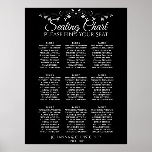 Silver on Black 9 Table Wedding Seating Chart