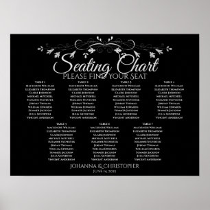 Silver on Black Chic 7 Table Wedding Seating Chart
