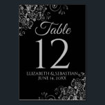 Silver on Black Elegant Filigree Wedding Table Number<br><div class="desc">Make your wedding reception beautiful with these table number cards. They feature a simple yet elegant design with pale gray text on a black background with a frilly silver faux foil floral filigree in the corners.</div>