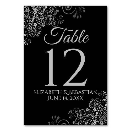 Silver on Black Elegant Filigree Wedding Table Number