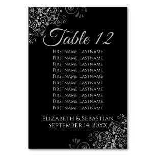 Silver on Black Elegant Wedding Seating Chart Table Number